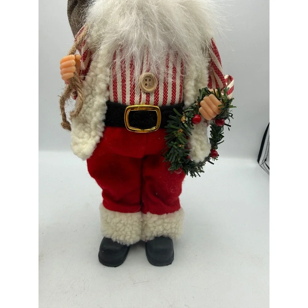 Vintage Style Standing Santa Claus Figurine Red White Striped Shirt Wreath